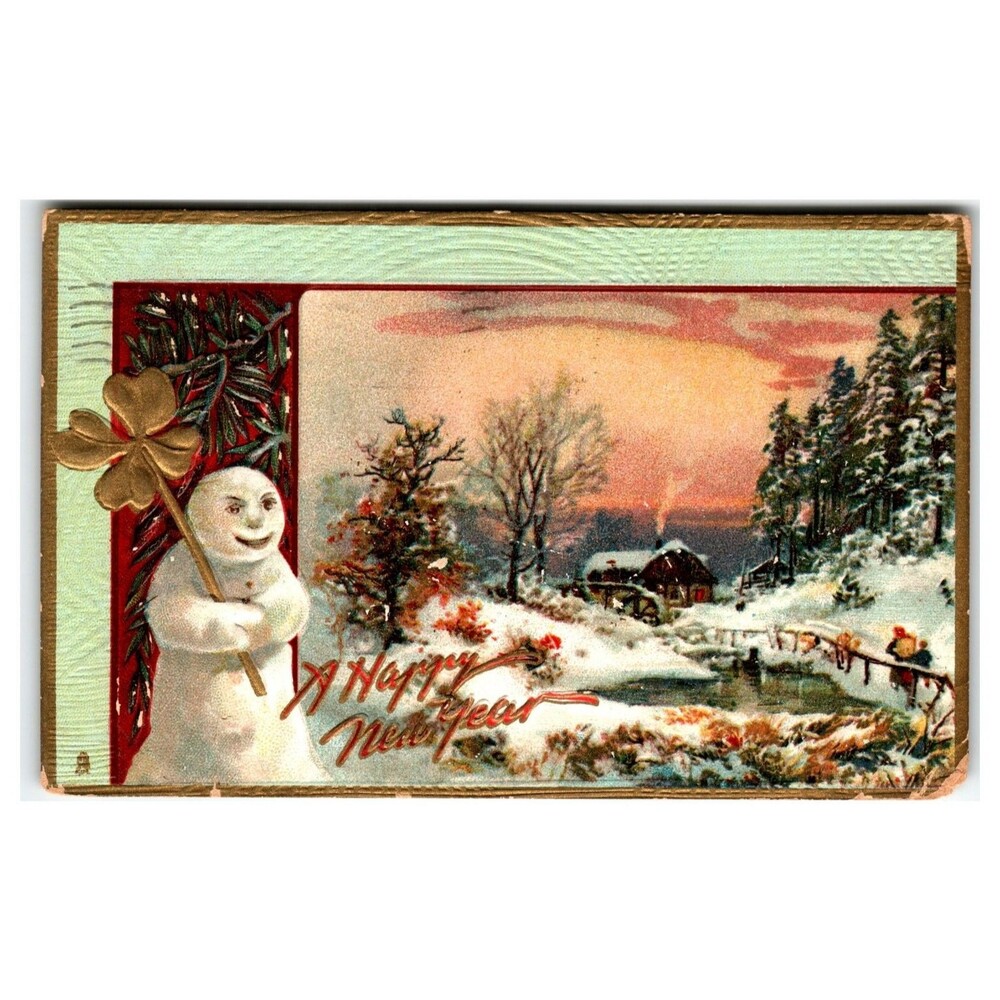 Raphael Tuck New Year Postcard Snowman Clover Winter Village Embossed Saxony